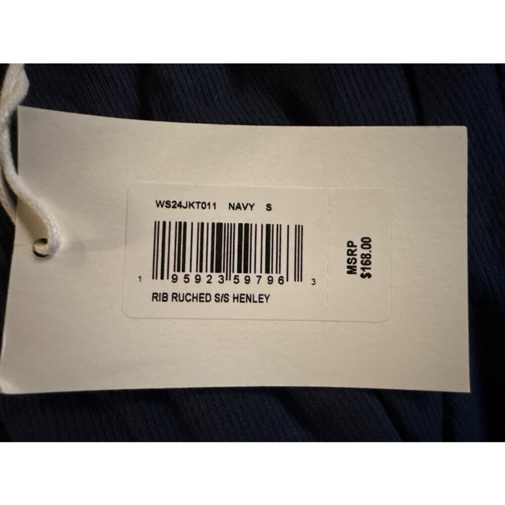 Frame Women's Rib Ruched Sleeve Henley Tee V -neck Small Navy New with Tag - Picture 5 of 6